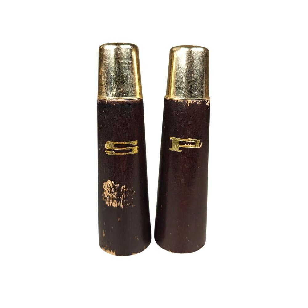 Vintage Wood Salt & Pepper Shakers Retro 60s MCM Gold Tone Accents
